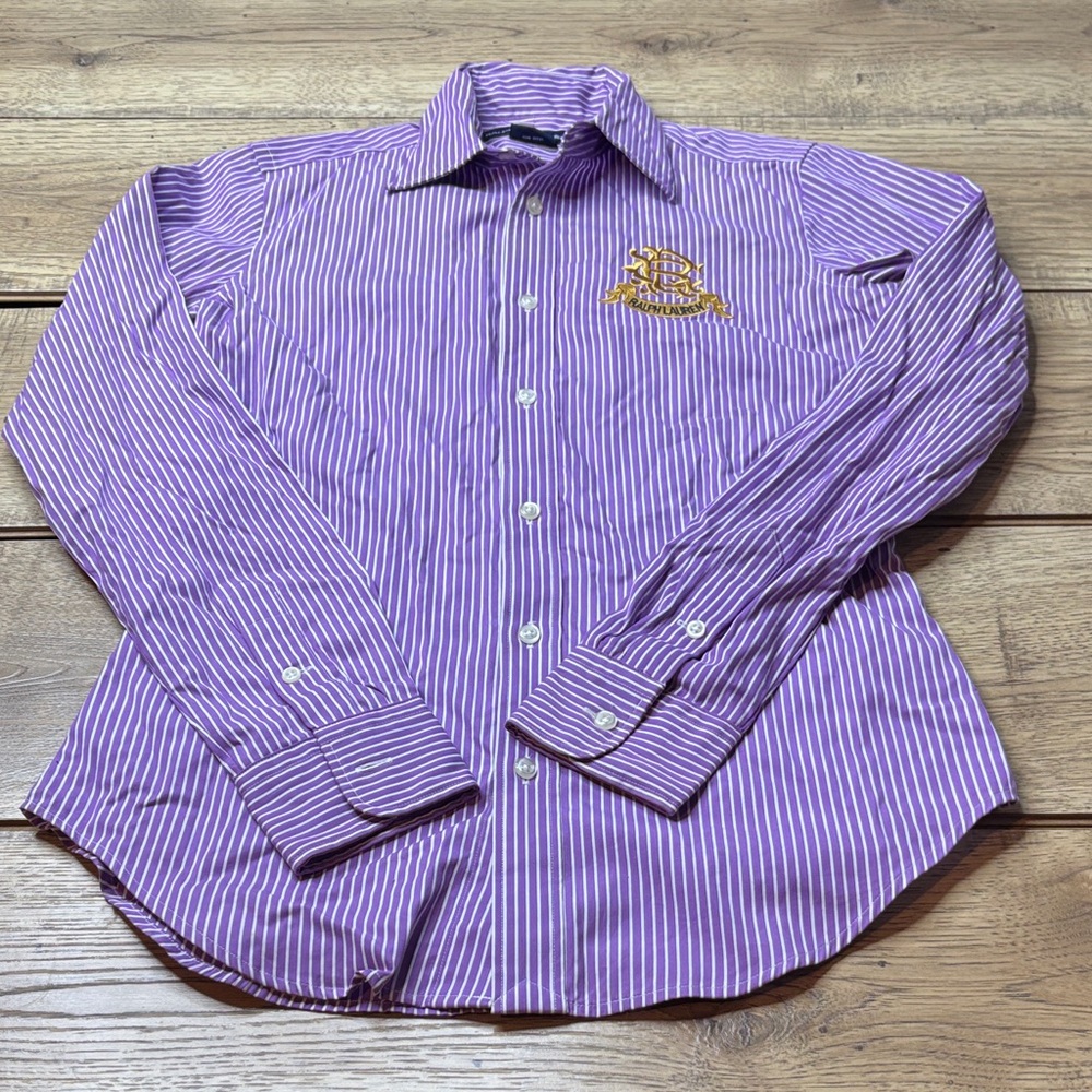Women’s Ralph Lauren Button Down Purple and White Shirt with Logo Size 4